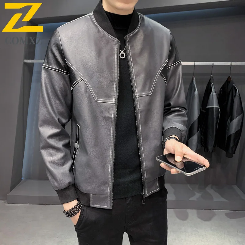 

COMXZ Leather Jacket Male Trendy Brand Camping Windproof PU Leather Coat Leisure Trendy Hiking Spring Autumn New Mens ​Clothing