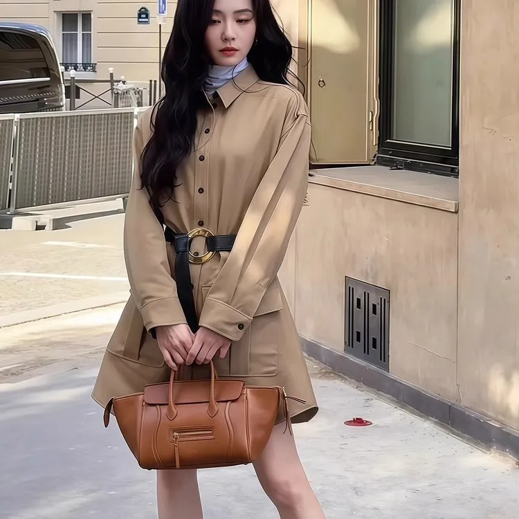 

Khaki Long Sve Collar Dr Windbreaker Jaet Women's Loose Fit Mid-Length Single Button Pure Color Autumn Cardi