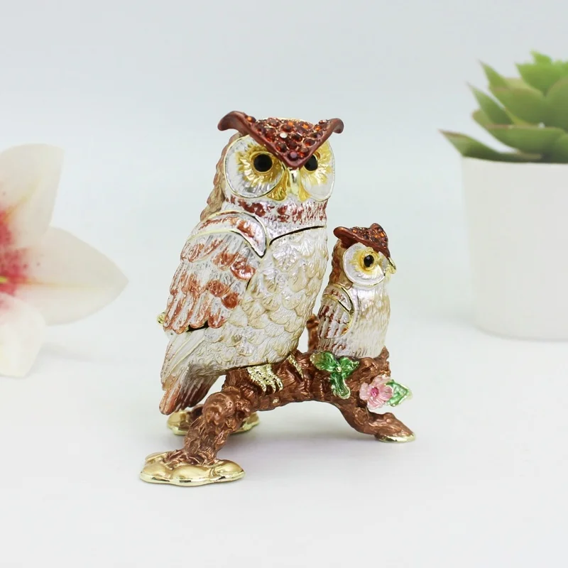SHINNYGIFTS Pewter Owl Trinket Collectibles Boxes Oriental Vintage Owls Trinket jewelry Box