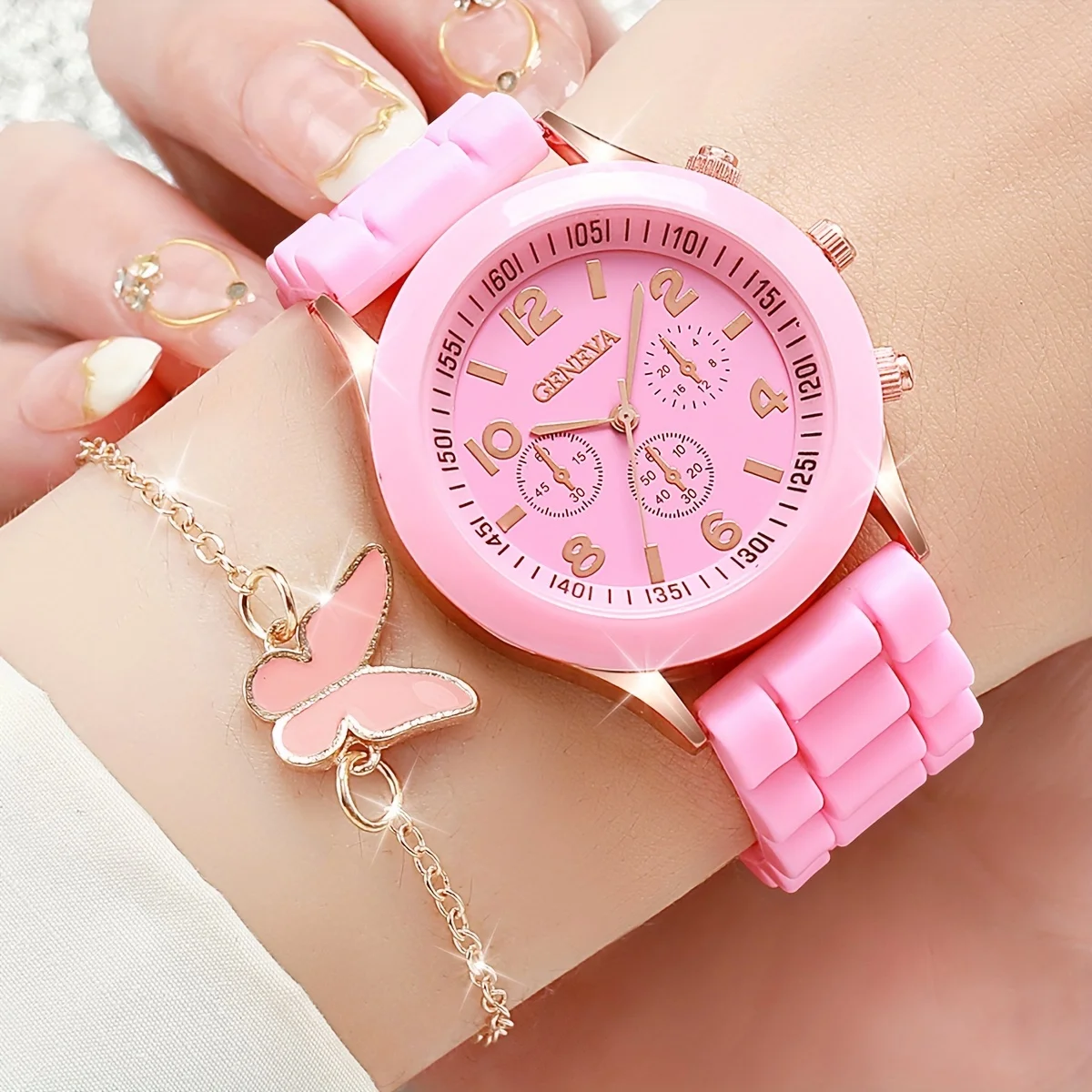 女性用ピンククォーツ時計,アナログシリコンバンド,腕時計,バタフライジュエリーセット,ママへのギフト,6個セット