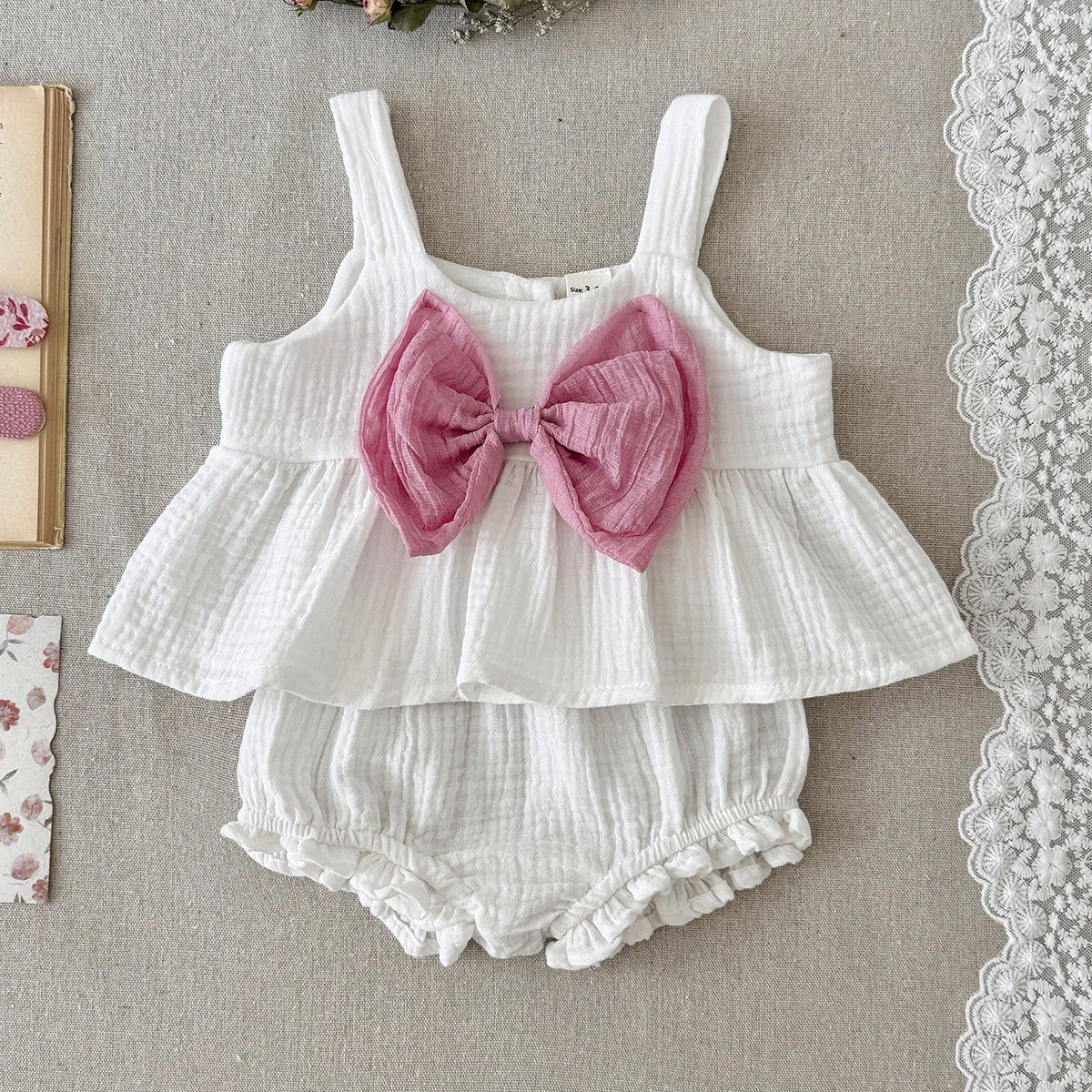 

Baby Girl Bow Outfit Set Summer Solid-Color Suspender Shirts+Shorts Baby Girl Clothes Cute Baby Sweet Style Set 0-3Y