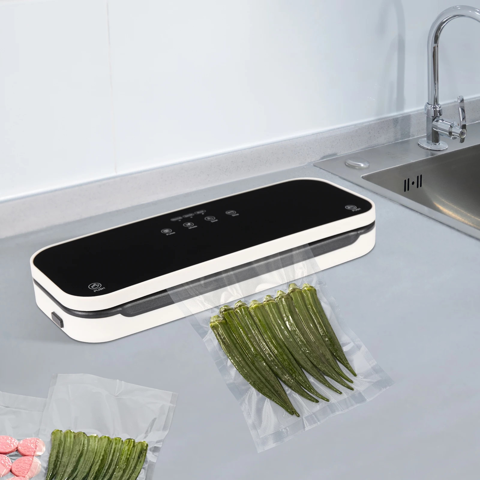 Sellador de alimentos ABS, máquina de sellado al vacío automática de mesa negra para carne, mariscos, verduras