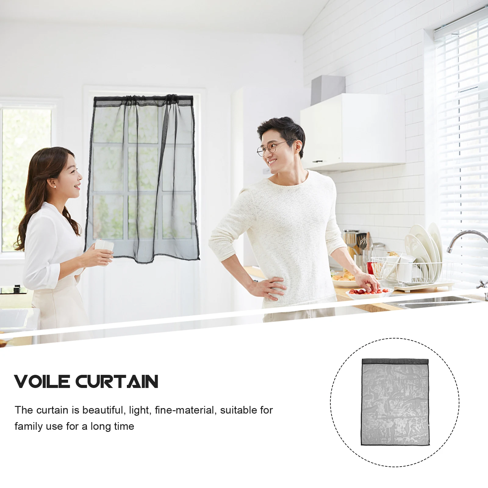 

2pcs Black Voile Curtains Light Filtering Short Sheer Drape For Bedroom Living Room Polyester Gauze Curtain Rod Pocket Window