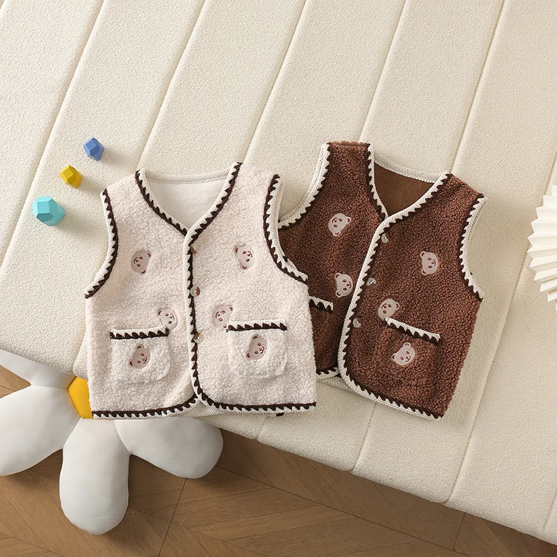 Girls' Vest Waistcoat 2025 New Baby Kids Winter Embroidery Double-pack Bear Wears Versatile Plus Velvet Vest Tops Coat Outwear