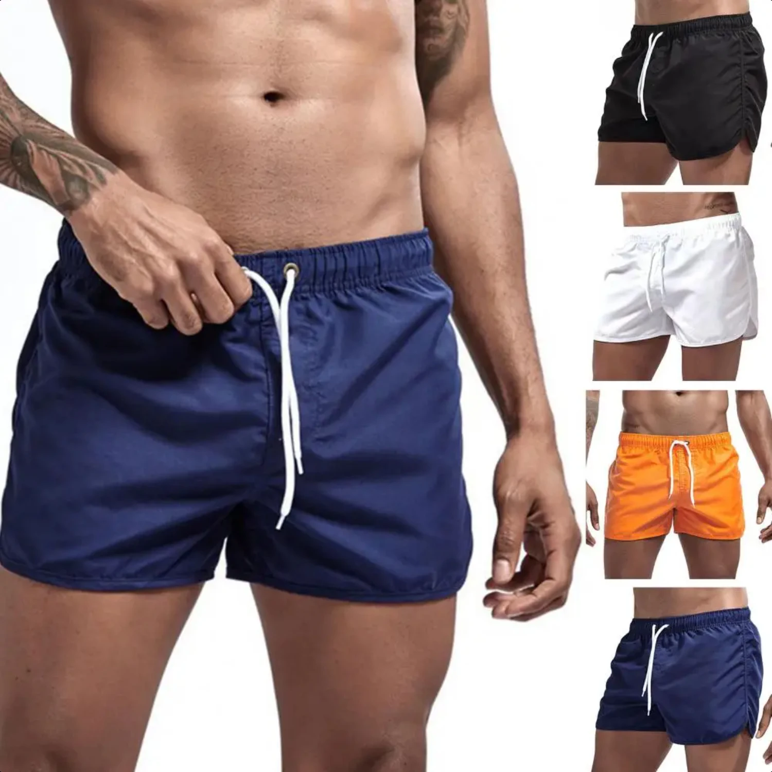 Summer Low-rise Elastic Waistband Drawstring Beach Surfing Shorts Breathable Side Irregular Trim Men Swimwear Shorts