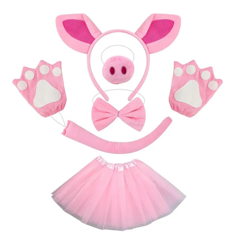 Conjunto de disfraz de cerdo rosa para mujer y niña, falda tutú con orejas, nariz, cola, pajarita, vestido elegante, Carnaval, cumpleaños, Halloween, fiesta de cumpleaños, Cosplay