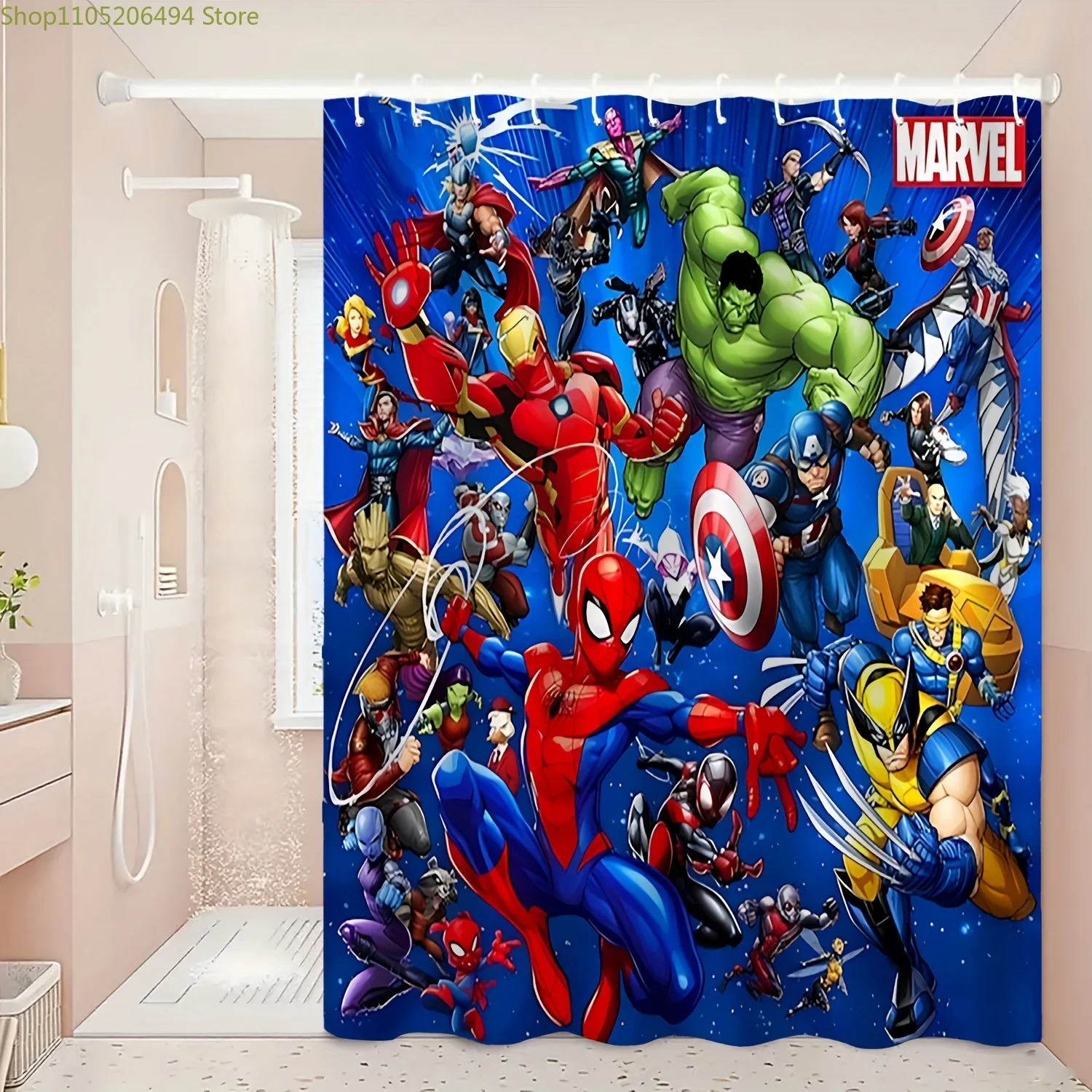 

Занавеска для душа с принтом в виде супергероев, изготовленная из прочной полиэстеровой ткани, подходит для уютных домашних ванных комнат и гостиных.