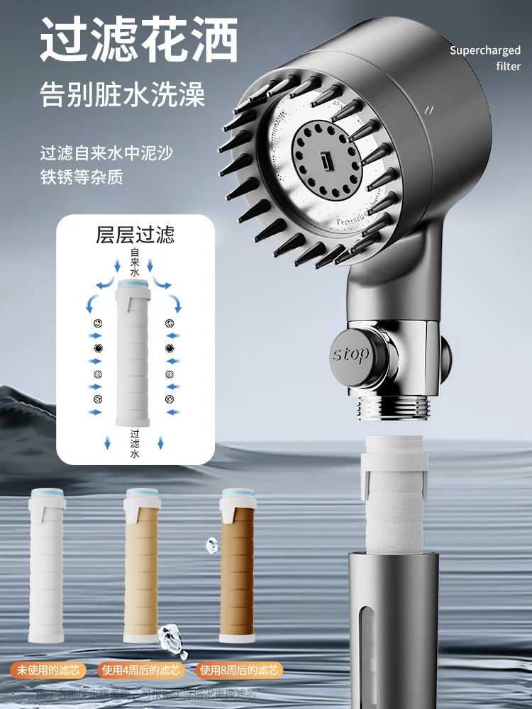 Supercharged shower head with ultra strong pressure filtration shower