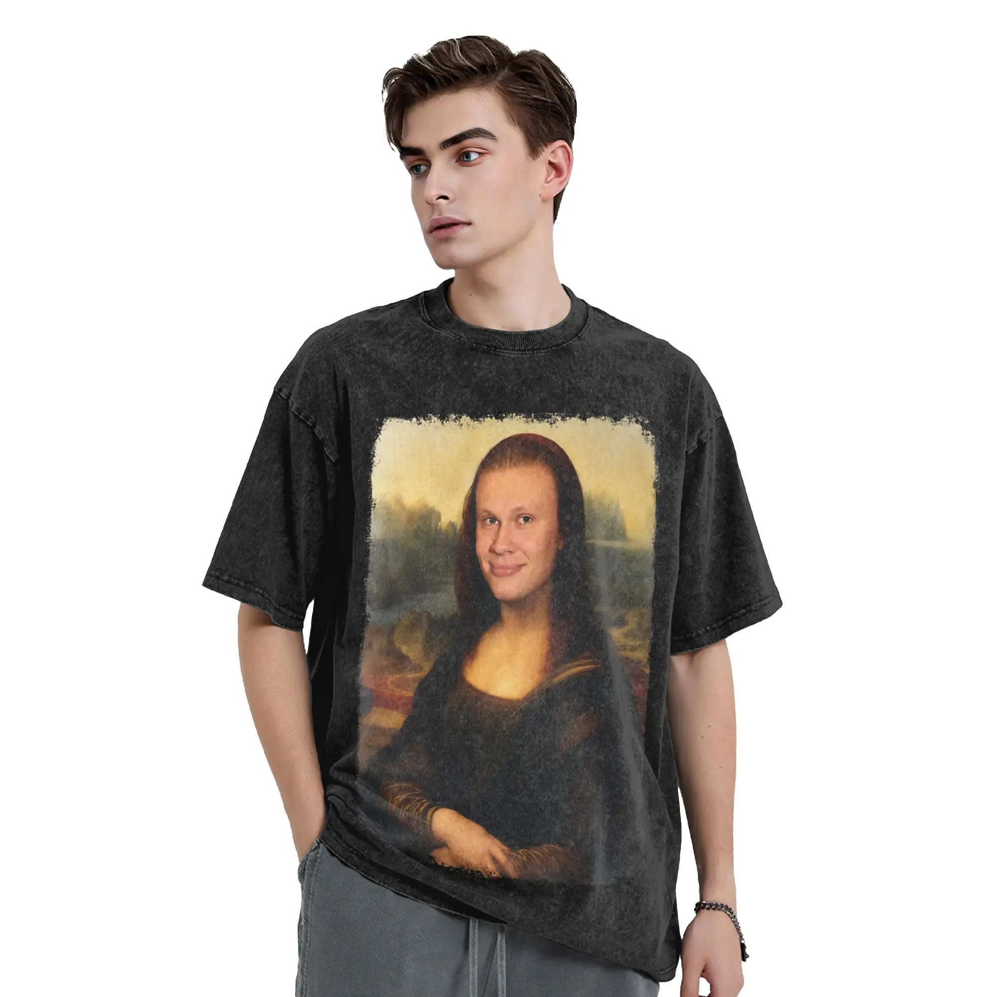 Funny H-Haalands Mona Lisa Washed T Shirts Men Women Cotton Novelty T-Shirts Round Collar  Tee Shirt Short Sleeve Tops Plus Size