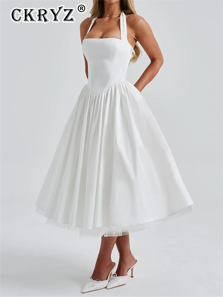 Senhoras verão 2 camadas elegante vestido de festa à noite feminino sem mangas sem costas halter maxi vestidos clube streetwear roupas femininas