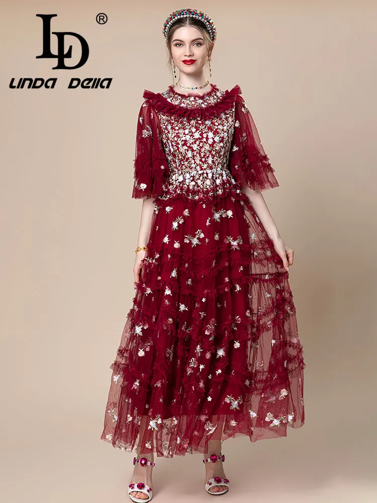 

LD LINDA DELLA 2024 Summer luxury designer party Dresses Women's Flare Sleeve Embroidery Cascading Ruffle Irregularity Dress