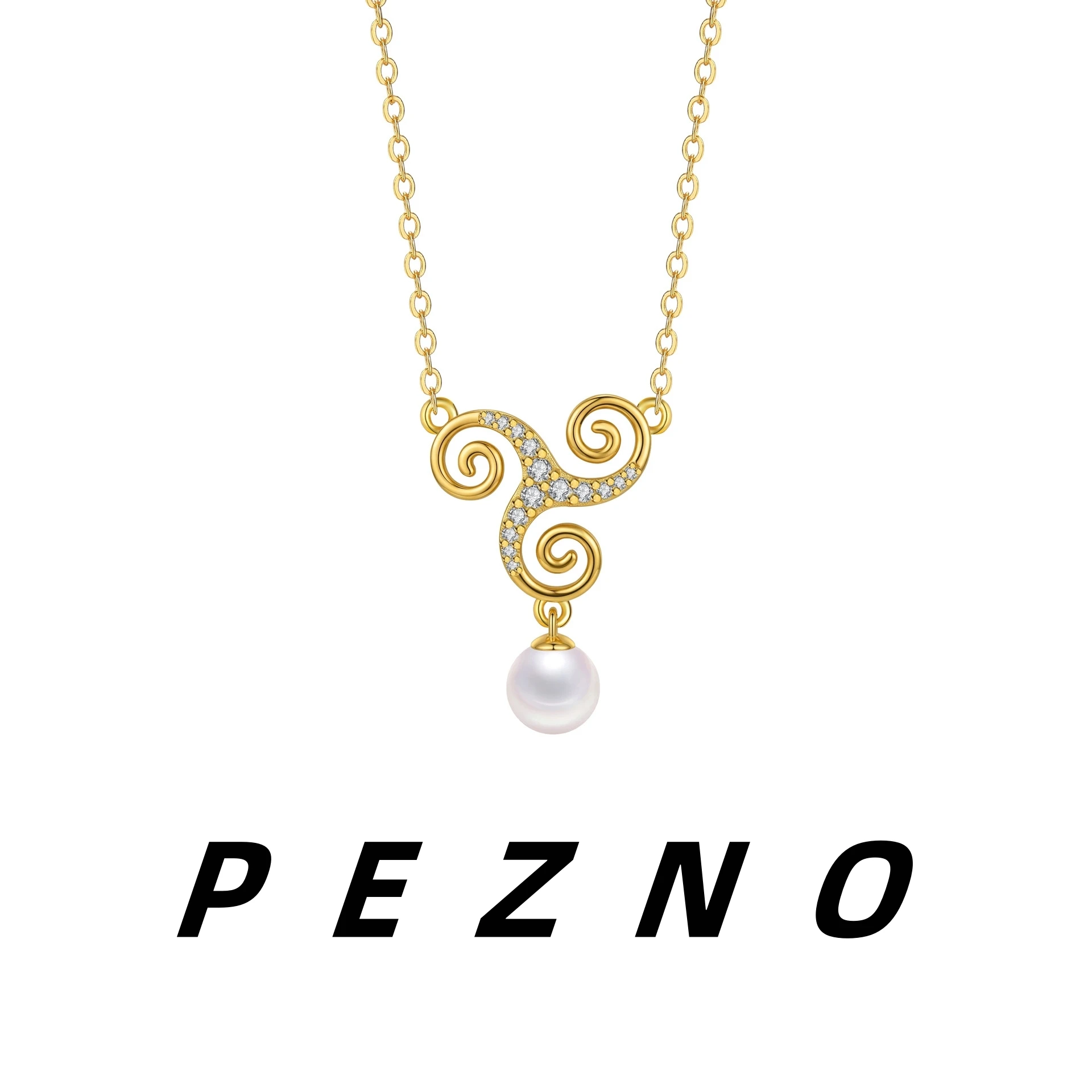 Gold Tone Triple Swirl Spiral Pave CZ Pearl Drop Pendant Necklace Dainty Clavicle Chain Oriental Fashion Jewelry for Women
