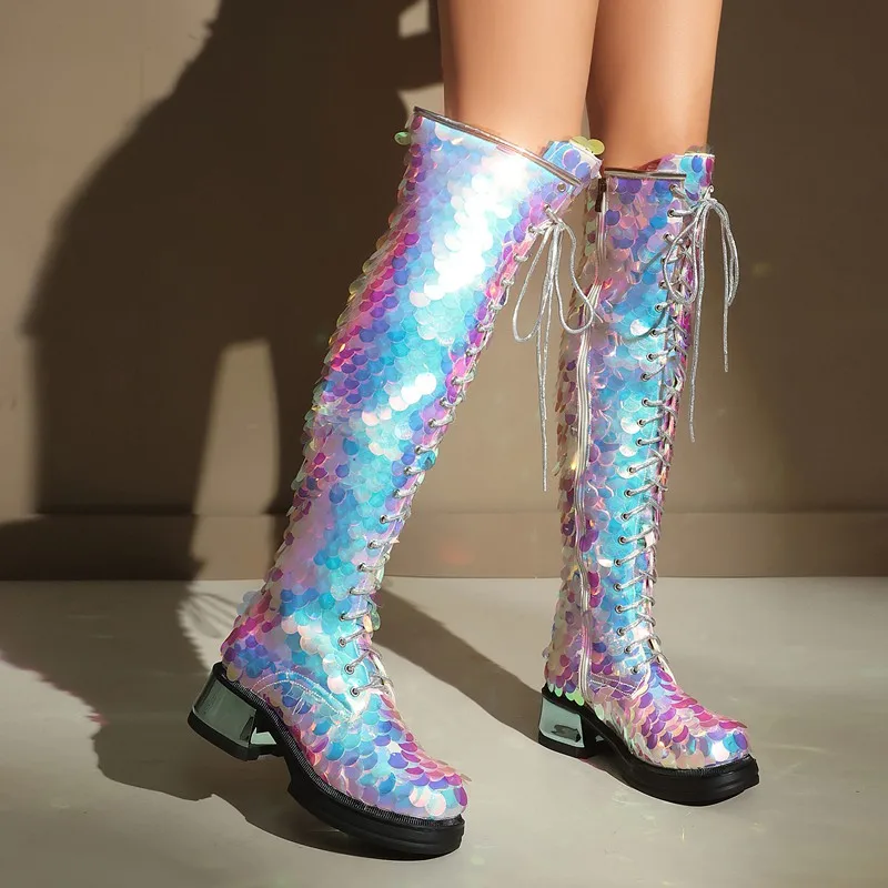 Fashion Laser Glitter Sequin Tube Knee High Long Boots for Women Platform High Heels Lady Nightclub Pole Dance Stage Party Shoes