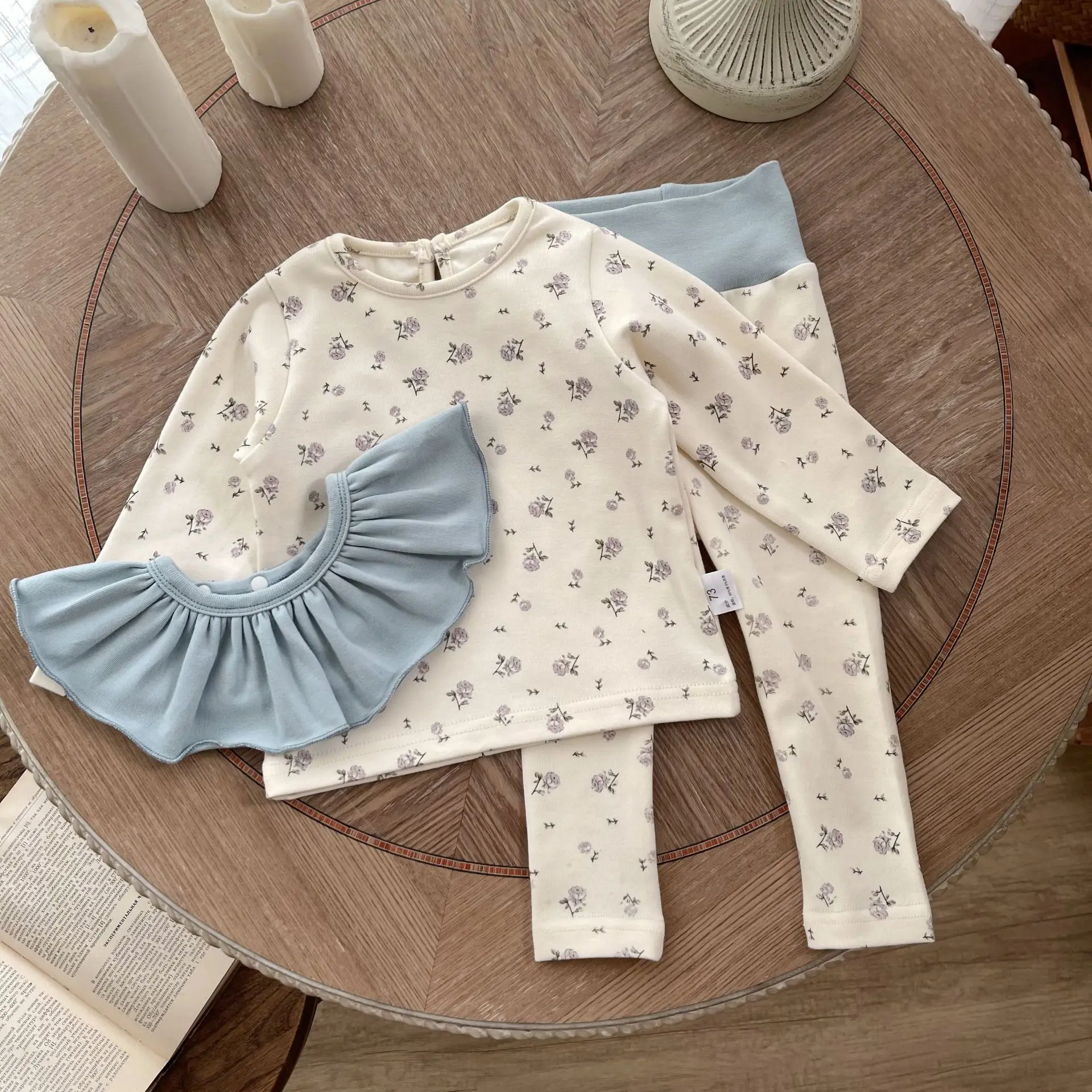 Spring and Autumn Baby Set Long-sleeved Blouse Floral Print + High-waisted Trousers with Colour Blocking + Bib Homewear 3Pcs