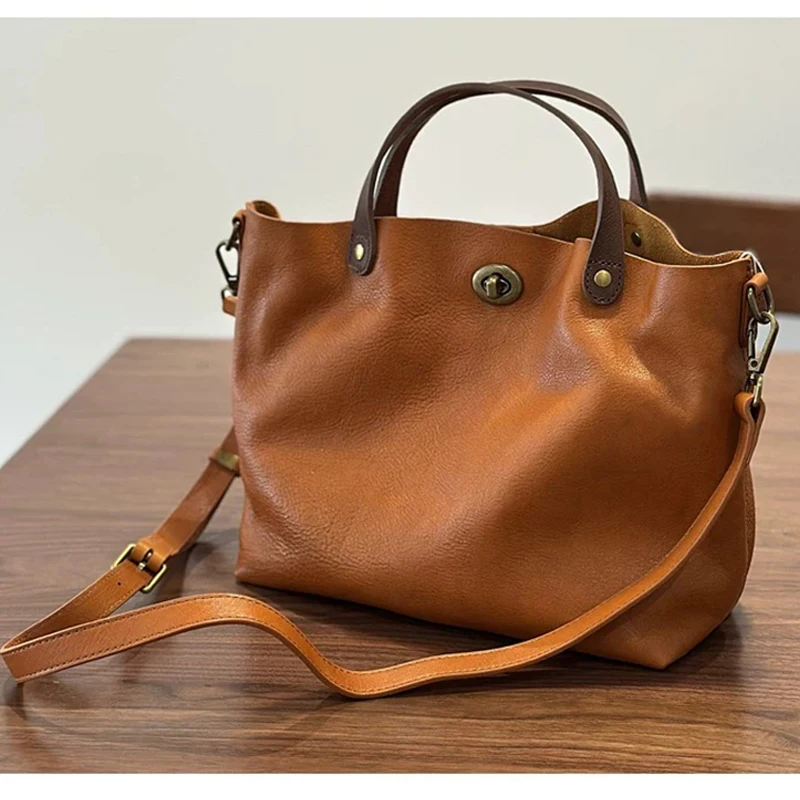 New Vintage Women Handmade Vegetable Tanned Top Grain Cowhide Bucket Bag Genuine Leather Commuter Top‑Handle Tote Handbag