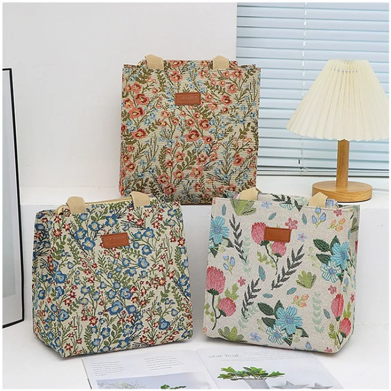 

Canvas Women Handbag Designer Insulated Tote Bag Camping Lunch Bag Aluminum Foil Portable Bento Bags for Work Travel