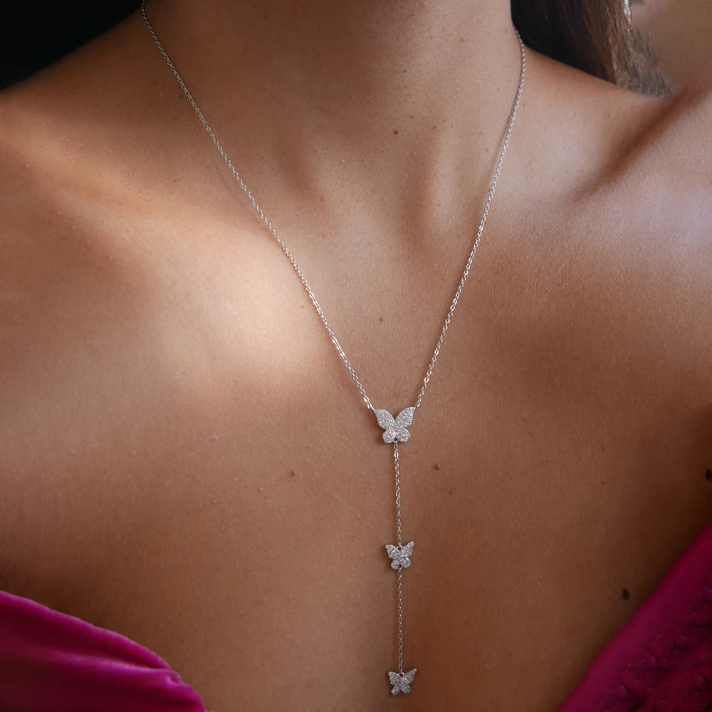 Butterfly Pendant Lariat Necklace Women Y Shape Silver Color Rhinestone Long Body Chain Jewelry Party Gift Accessories