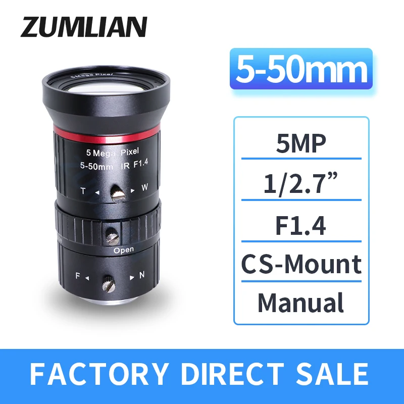 

ZUMLIAN 5-50mm Varifocal CCTV Focus Lens 5MP 1/2.7 Inch Aperture F1.4 Manual Iris CS-Mount Camera Accessories Video Surveillance