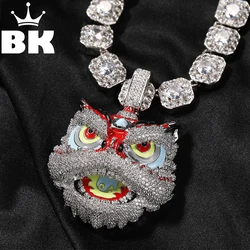 THE BLING KING Big Red Lion Dance Necklace For Men Colorful Chinese Traditional Cultural Beast Zirconia 3D Charm Hip Hop Jewelry