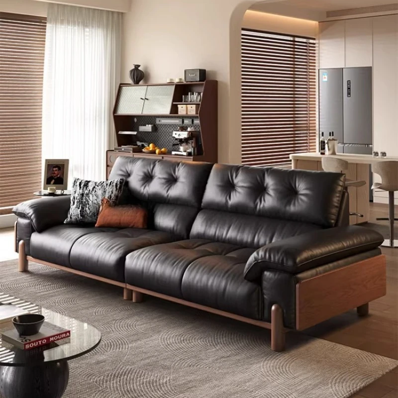

medieval solid wood sofa, living room straight row retro, black pine moon leather art sofa