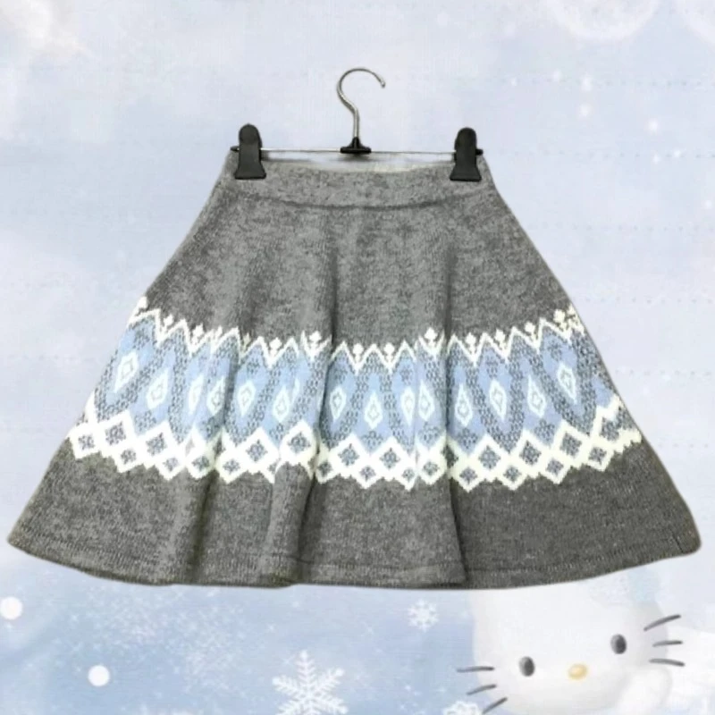 2000s Y2K Sweet Girls Students Knit A-Line Skirt Christmas Retro Fair Isle Elastic Waist Flared Mini Skirt with Nordic Geometric