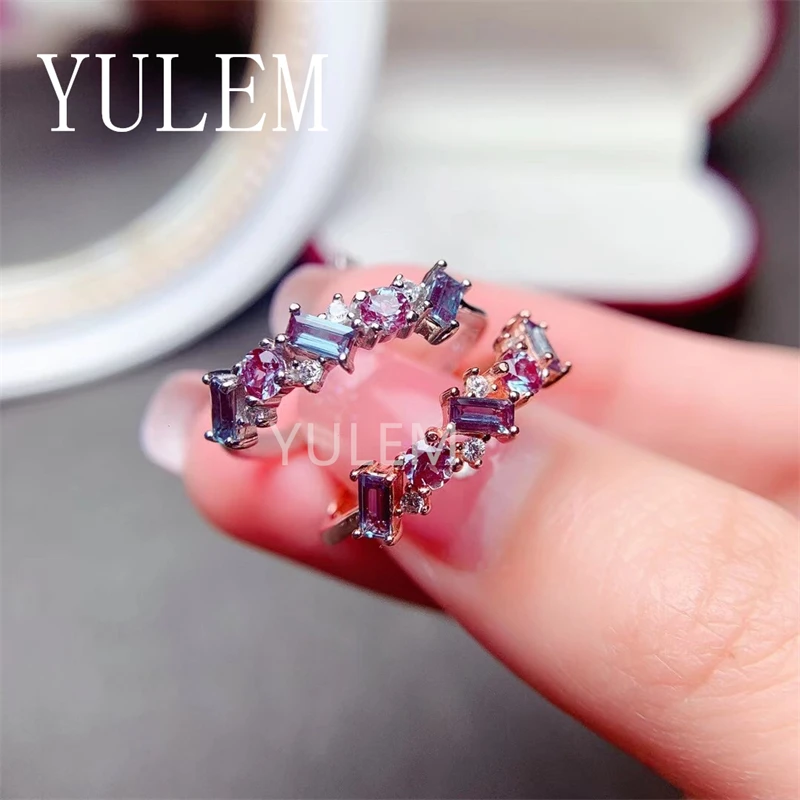 YULEM Change Color Alexandrite Ring with 925 Sterling Silver Engagment Wedding Jewelry for Women Anniversary Gift