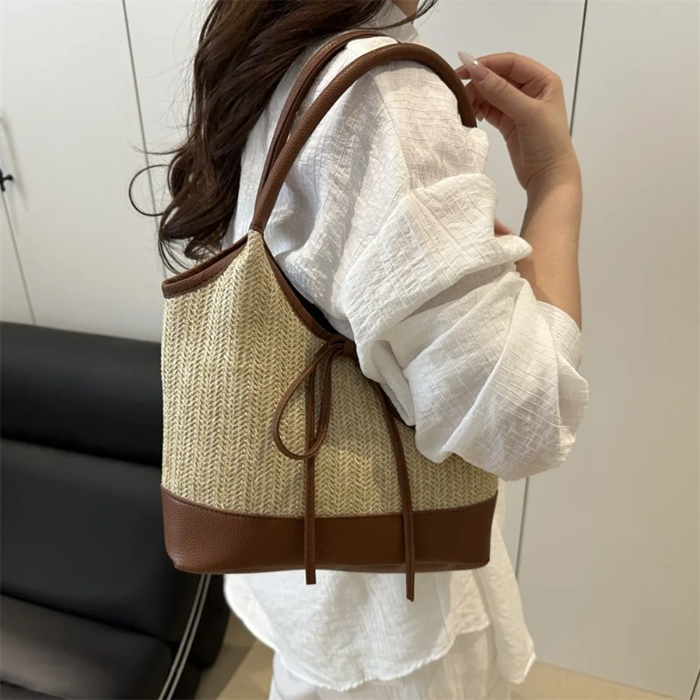 

Trendy Bow Tie Weaving Tote Bag Elegant Large Capacity Straw Shoulder Bag Commuting Casual Women's Handbag Travel