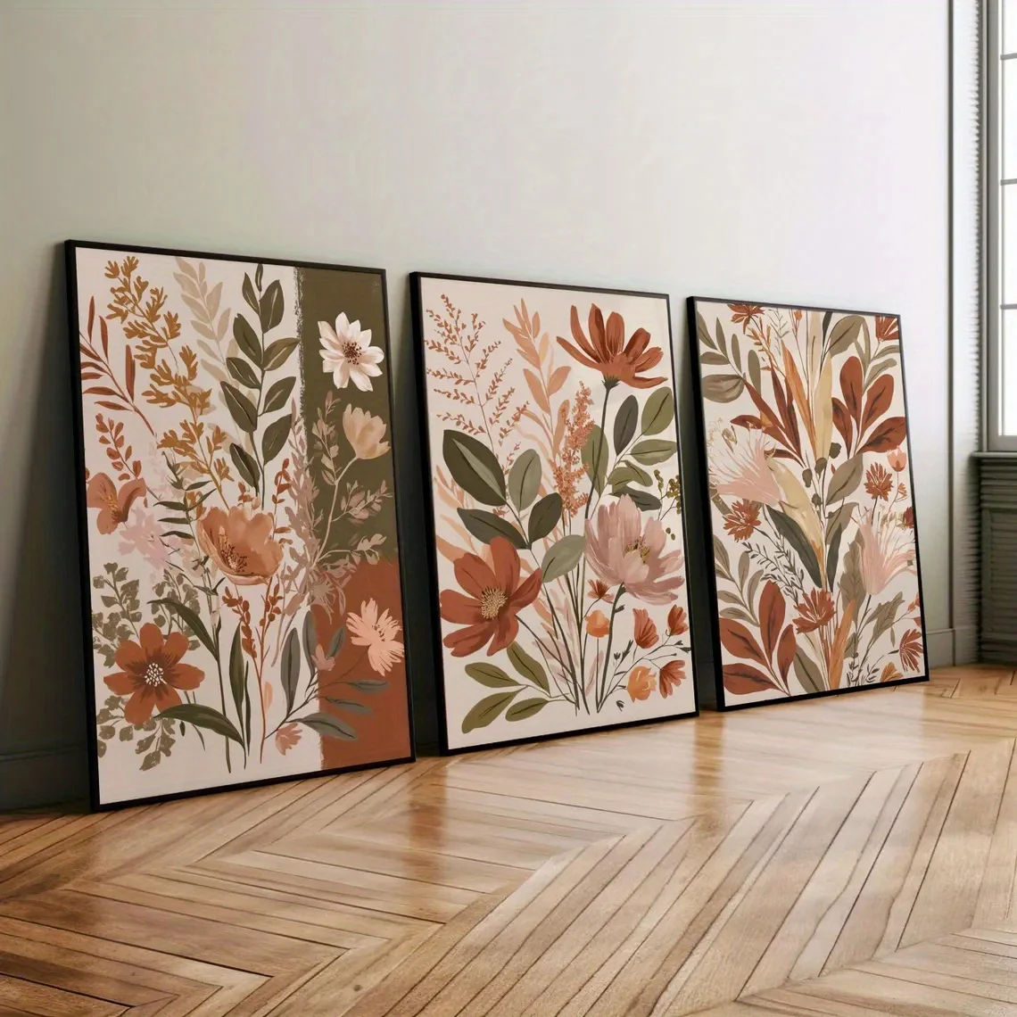 3pcs frameless Canvas Painting /set Retro Ground Tone Plant Sage Green Art Canvas Print Bohemian Flower Wall Art Poster for Mode