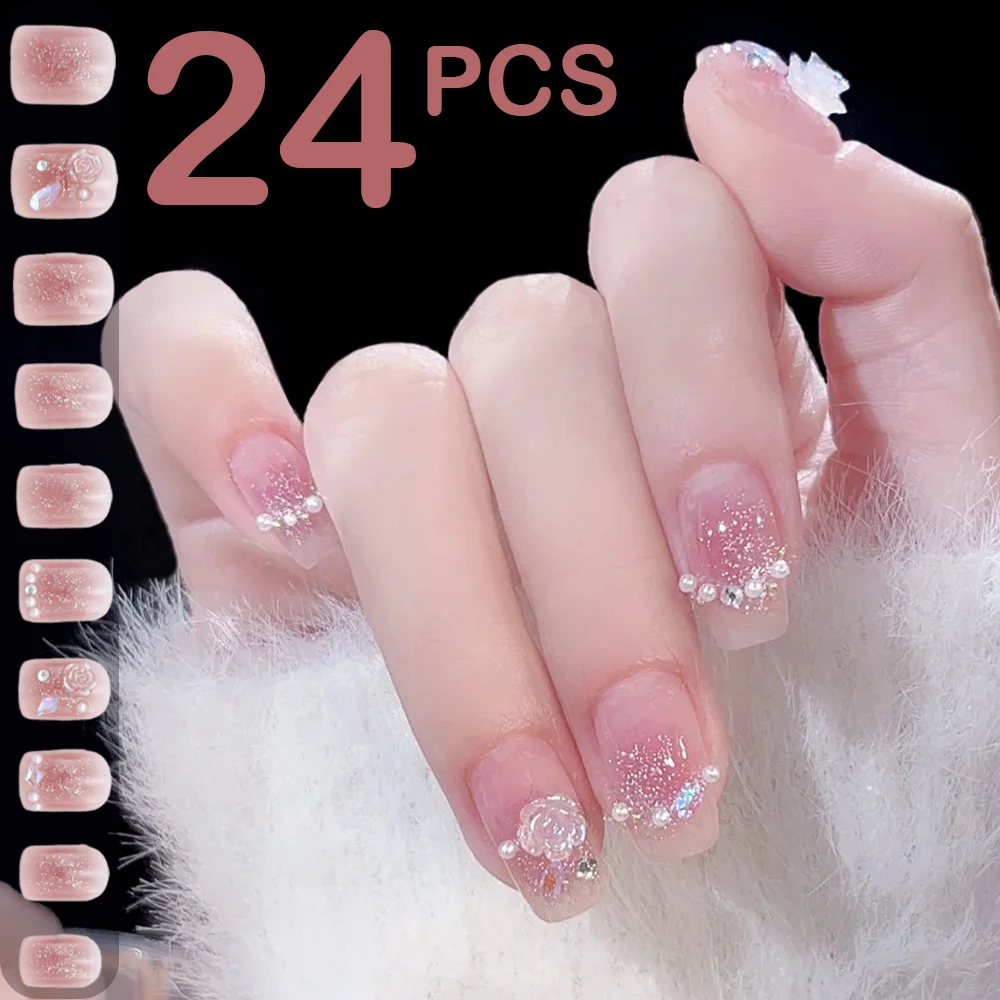 

24Pcs Translucent Press On Nails Short Coofin Naked Color Flower Fake Nails French Daily Simple Pearl Detachable Nail Tips