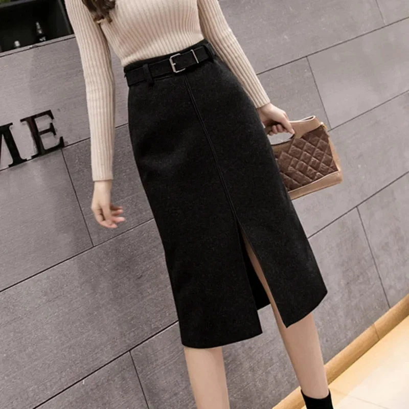 Woolen Hip Skirt Women's Autumn New Skirt Women's Autumn Winter Temperament Slit A-line Skirt