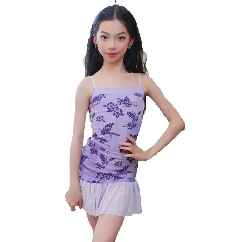 Dziecięca Sukienka do Tańca Latynoamerykańskiego Samba Rumba Fioletowa z Nadrukiem Sukienka do Tańca Latynoamerykańskiego dla Dziewczynek Kostium do Tańca Latynoamerykańskiego SL13520