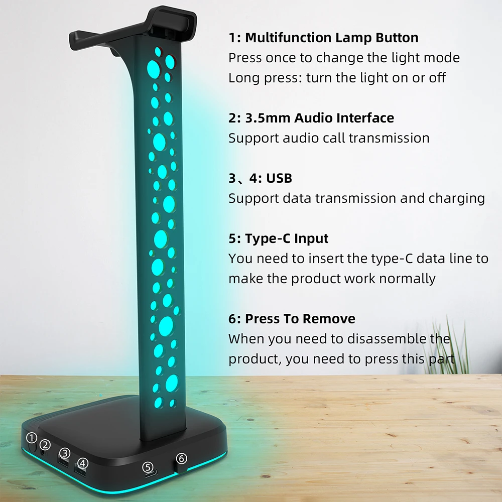 Supporto per cuffie con luci GB con porte USB di tipo c supporto per cuffie per tutti gli auricolari gamer Gaming PC accessori scrivania
