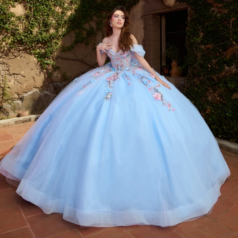 

Sky Blue Shiny Princess Sweet 16 Dress Quinceanera Dresses Applique Flower Beading Crystal Tull Party Birthday Vestidos 15 De