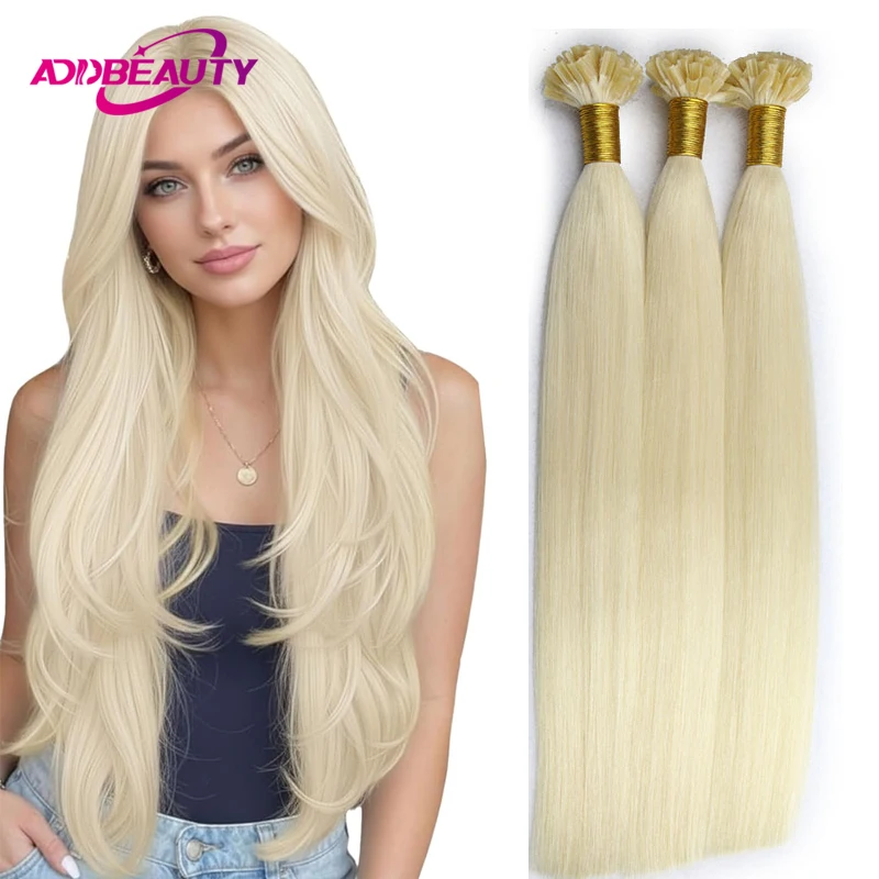 Extensiones de Cabello Humano con Punta en U, Extensiones de Cabello Humano con Punta en U de Fusión en Caliente, Cabello Rubio Blanco, Extensiones de Cabello Largas y Lisas con Queratina