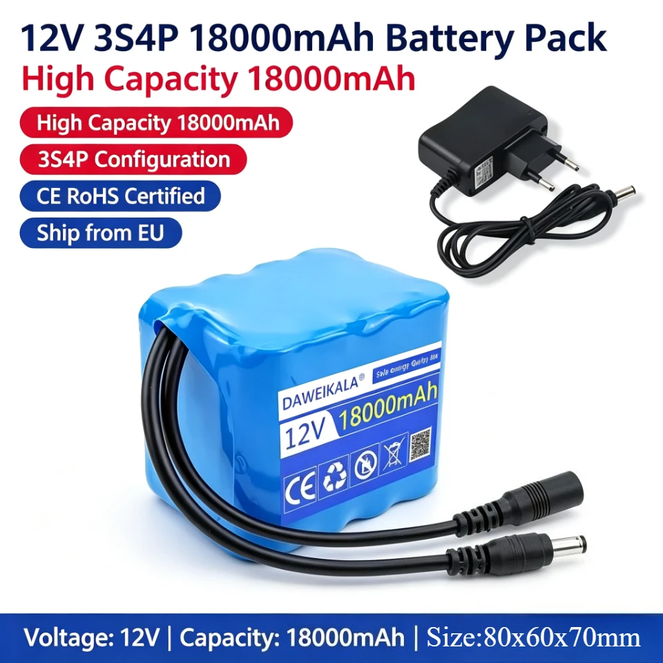 Angelbatterie 12V 3S4P 18000mAh Tragbare 12V Batterie Wiederaufladbare Lithium-Ionen-Batterie Kapazität DC 12,6V Kamera-Monitor+Ladegerät