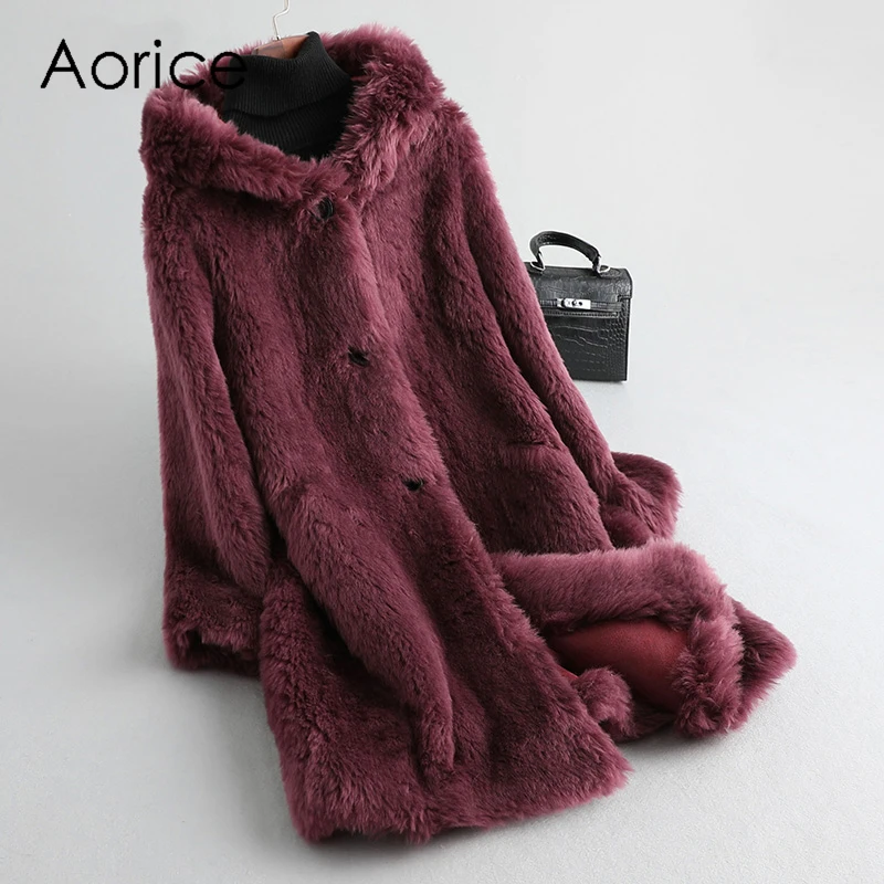 Aorice Women\'s Winter Real Wool Fur Warm Jacket Coat Lady Long Coat Jacket Over Size Parka A19082