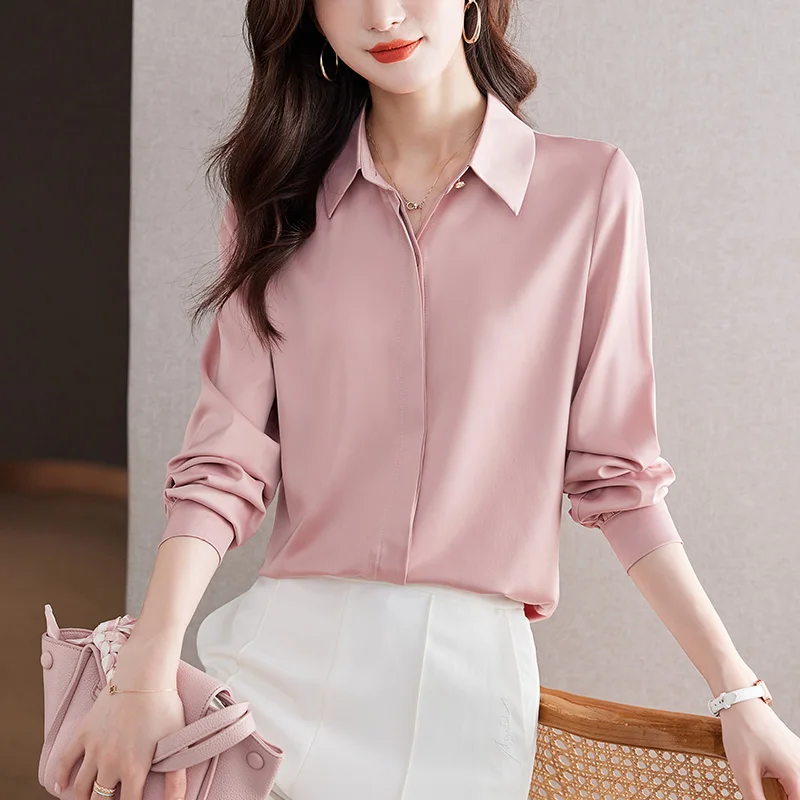 Fashion Women Blouses Satin Elegant Womens Tops Solid Turn Down Collar Women Shirt Long Sleeve Shirts 2023 Autumn Women Clothing