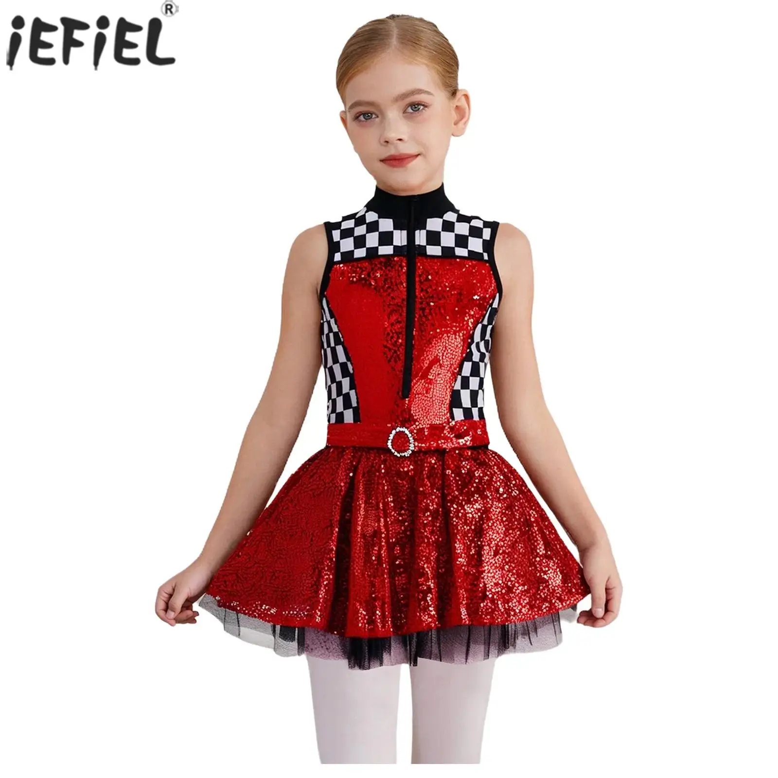 Kids Girls Race Car Driver Costume Shiny Sequins Sleeveless Plaid Mesh Dress Halloween Carnival Party Racer Cosplay Dress Up