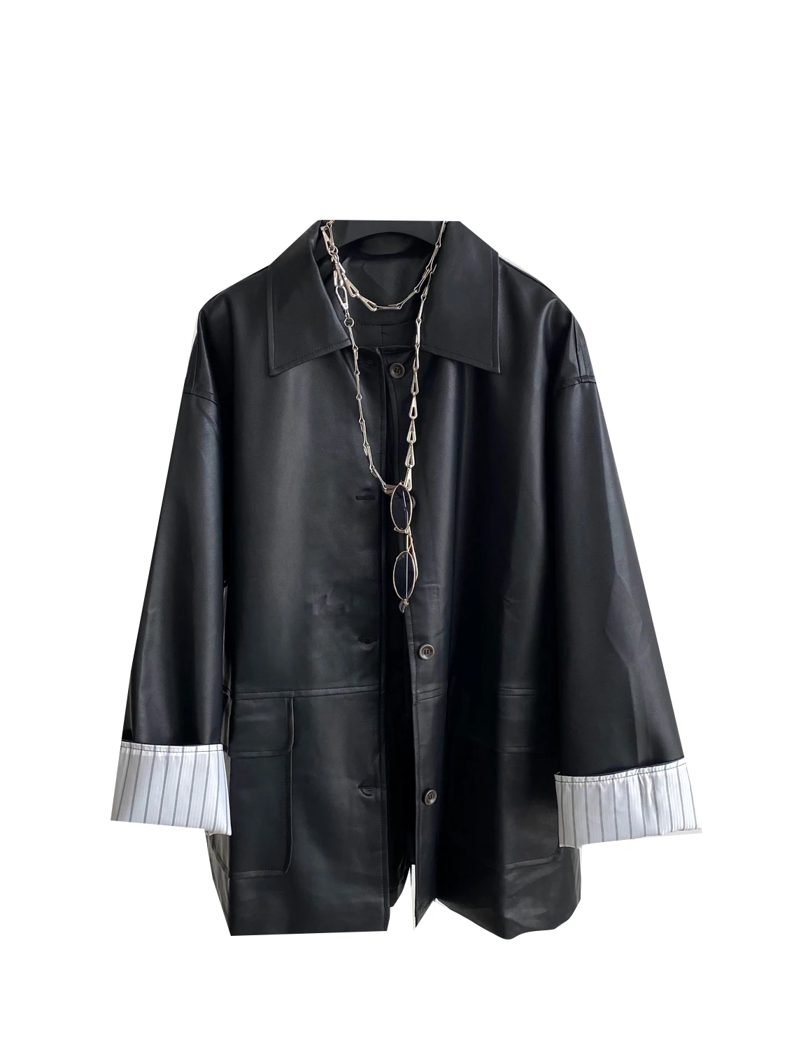 Retro Briti Sle Women's PU Leather Jaet Loose Fit Collar Street Sle Trendy Long Coat Commute Sle Autumn Faion