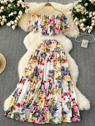 Women Elegant Floral Two Piece Sets Summer Sexy Off Shoulder Bubble Sleeve Short Top High Waisted Long Skirt Vintage Suits