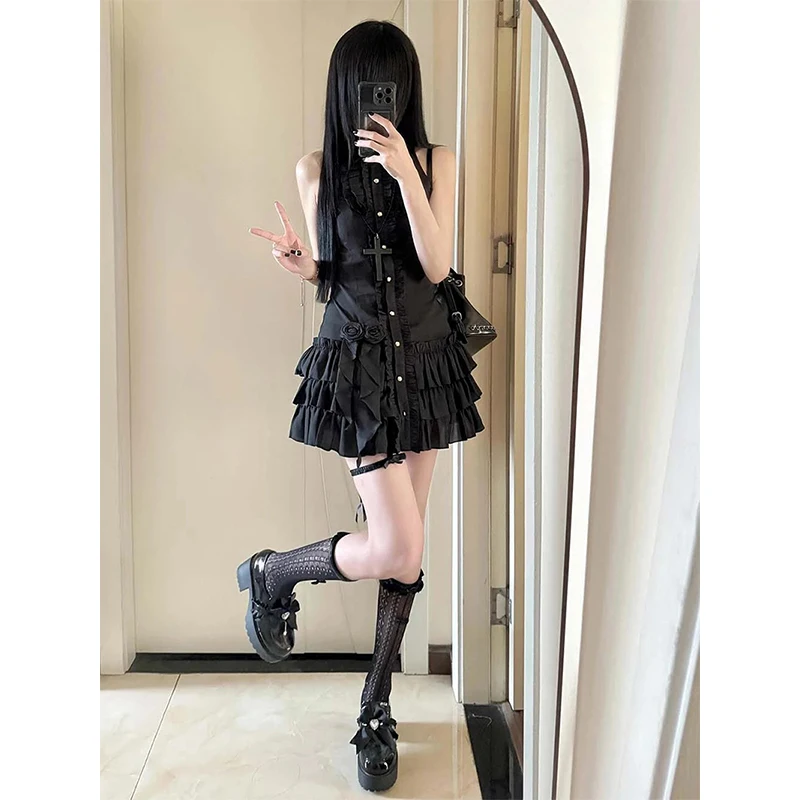 Vintage Black Mini Dress Women Y2K Harajuku Ruffles Patchwork Dresses Summer Gyaru Japanese Gothic Sleeveless Bodycon Vestidos