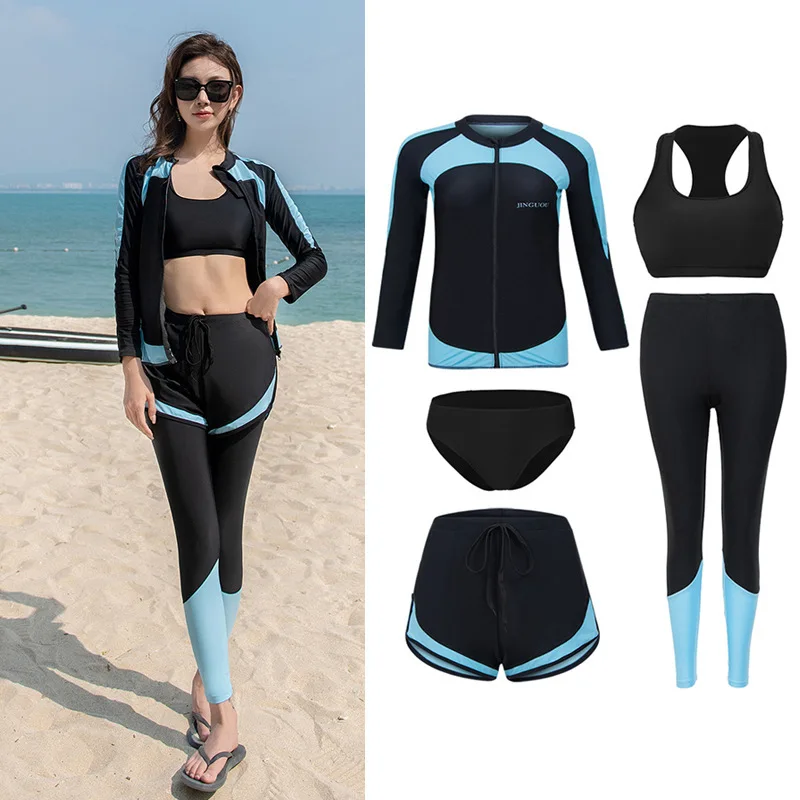 

Women's 5pcs Sun Protection Shirts+Trunks+Pants Long Sleeve Quick Dry UV Rash Guard Swim Fishing Running Athletic Suit Sunsuitm
