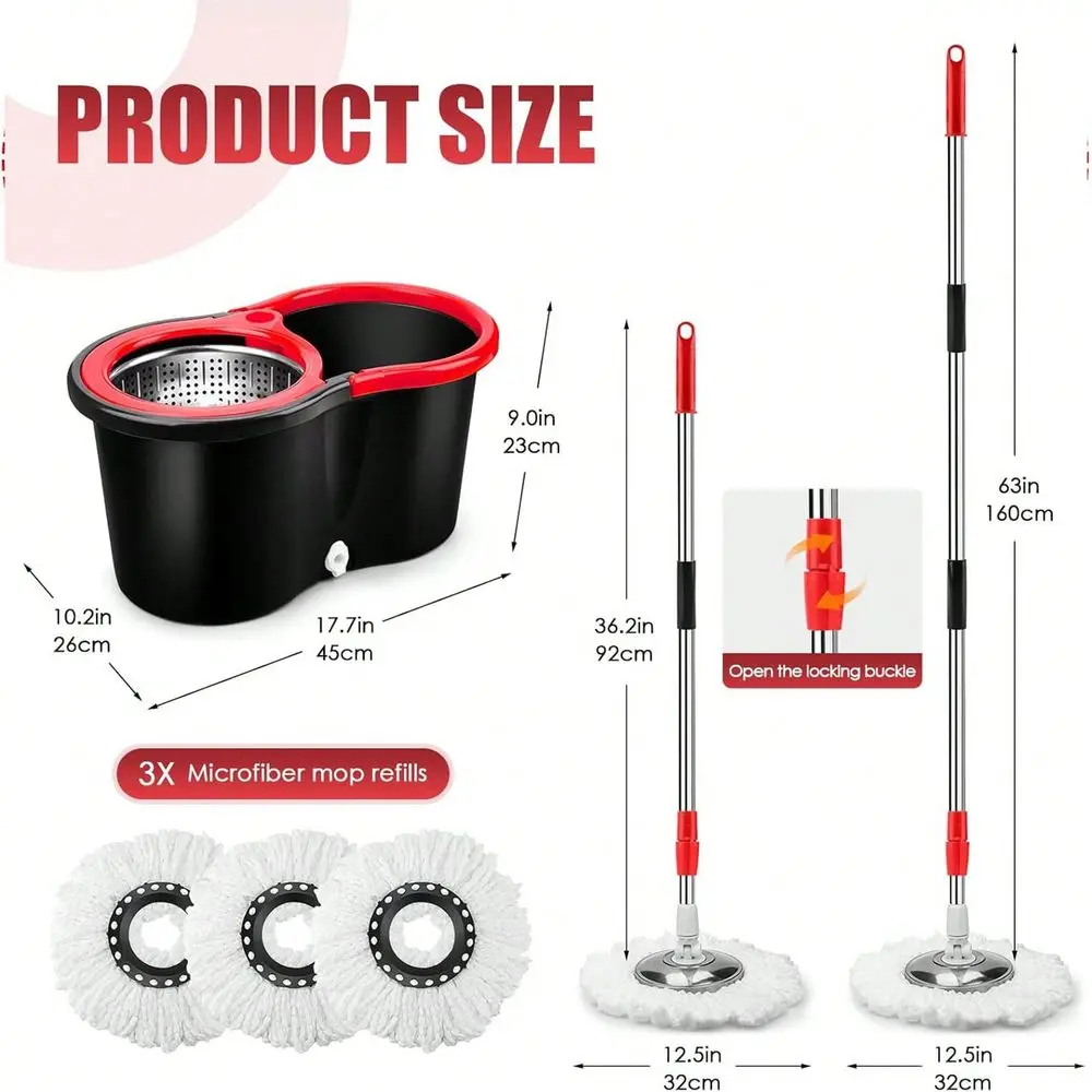 

Mop And Bucket, 360 Mop And Bucket With Wringer Set 3 Mop Heads, Stainless Steel Floor Spin Mop Bucket System For Floor Cleanin