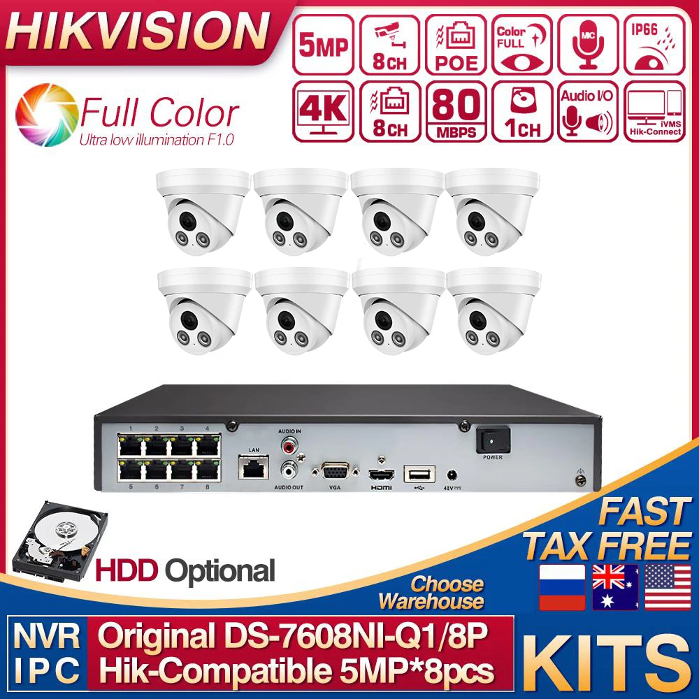 Hikvision Compatible 5MP 8MP 4K Security IP Camera IR30M Night Vision CCTV Camera DS-7608NI-Q1-8P 8CH 8POE Surveillance kits