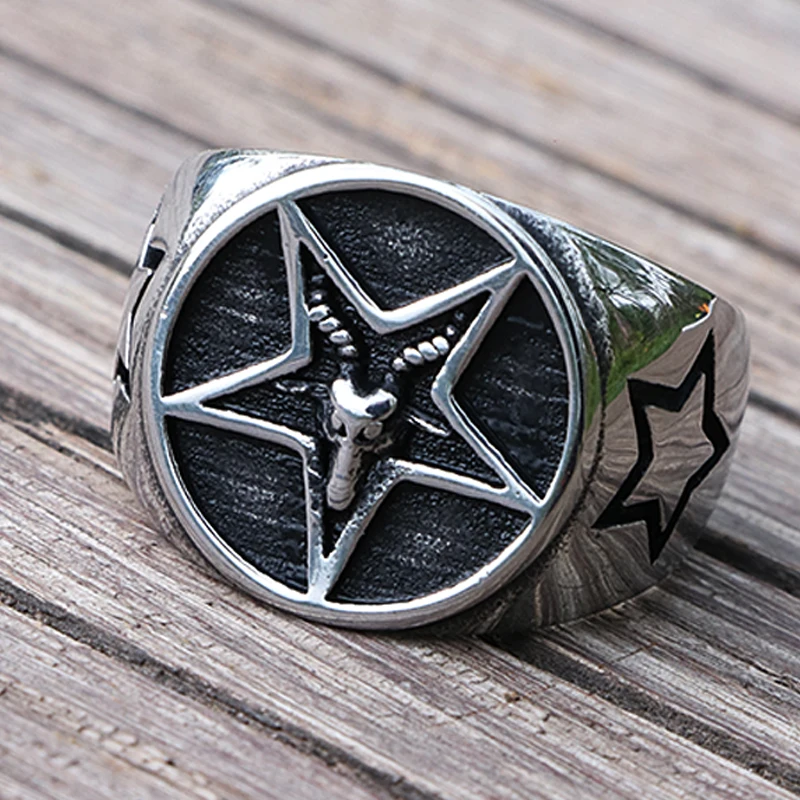 Gothic Vintage Goat Pentagram Signet Rings For Men 316L Stainless Steel Punk Biker Rings Unique Male Demon Baphomet Ring Jewelry