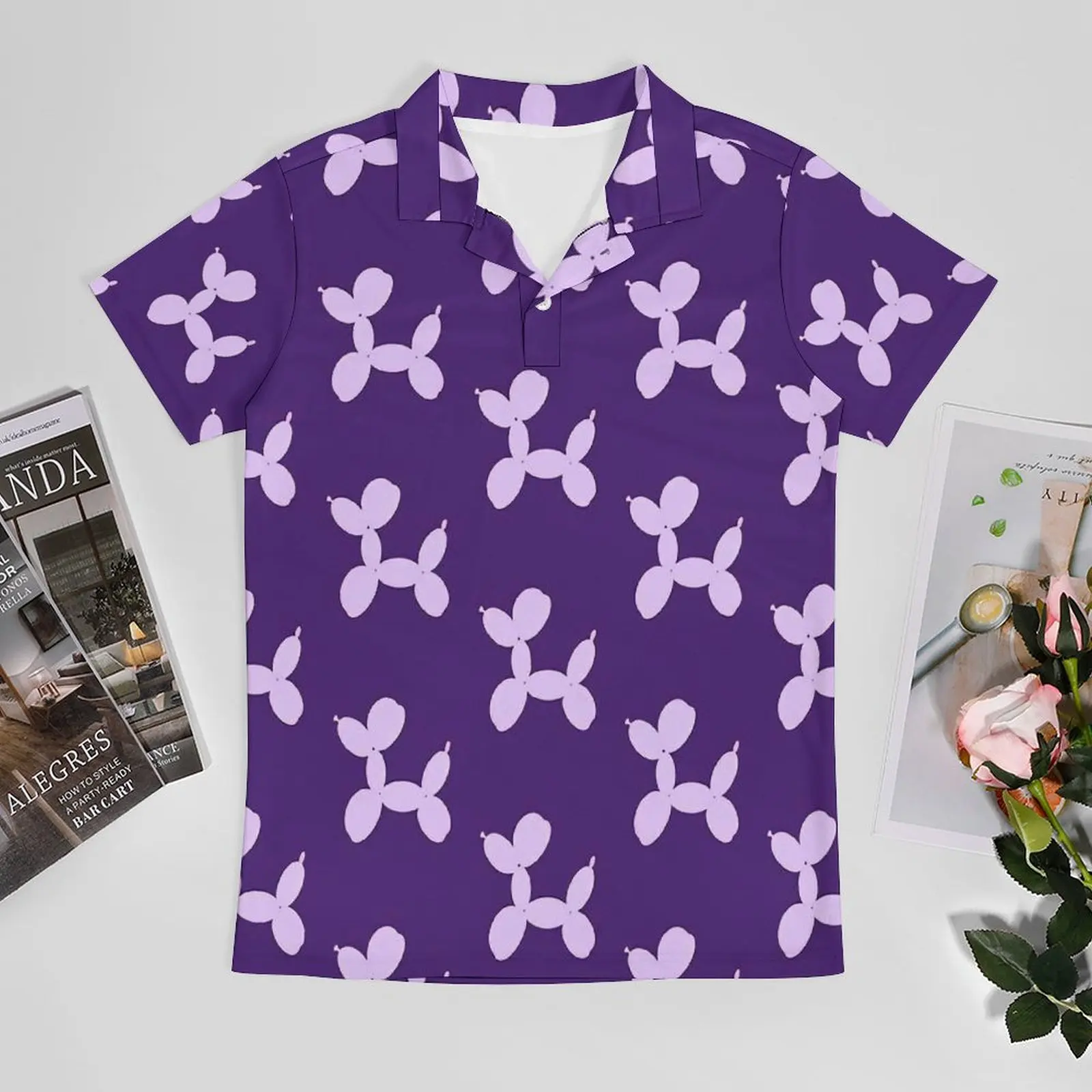 Balloon Dog Casual T-Shirts Lavender Cartoon Dogs Polo Shirt Men Fun Shirt Date Short-Sleeve Top Large Size