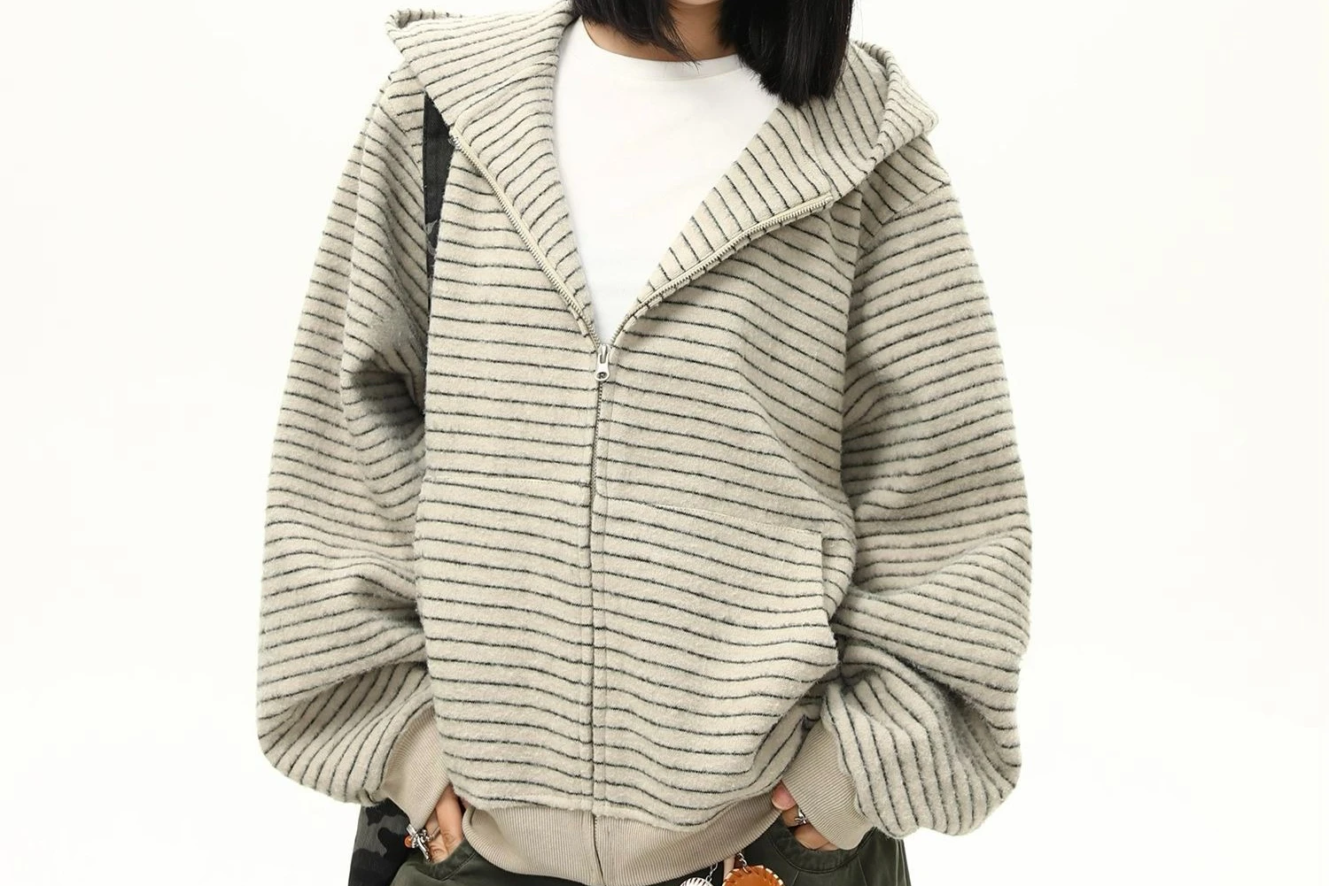 

Retro Striped Zipper Cardigan Hooded Sweatshirt for Women Autumn and Winter New Style and Versatile and Loose