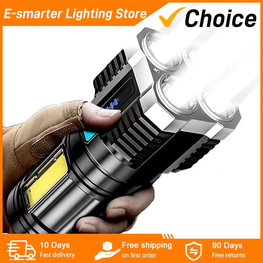 Strong Light Flashlight Camping Torch Rechargeable Multifunctional Portable Hand Lantern with 4 Lamp Beads and COB Side Light