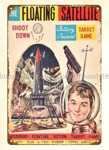 Old retro toy JAPAN Battery Op FLOATING SATELLITE play house metal tin sign