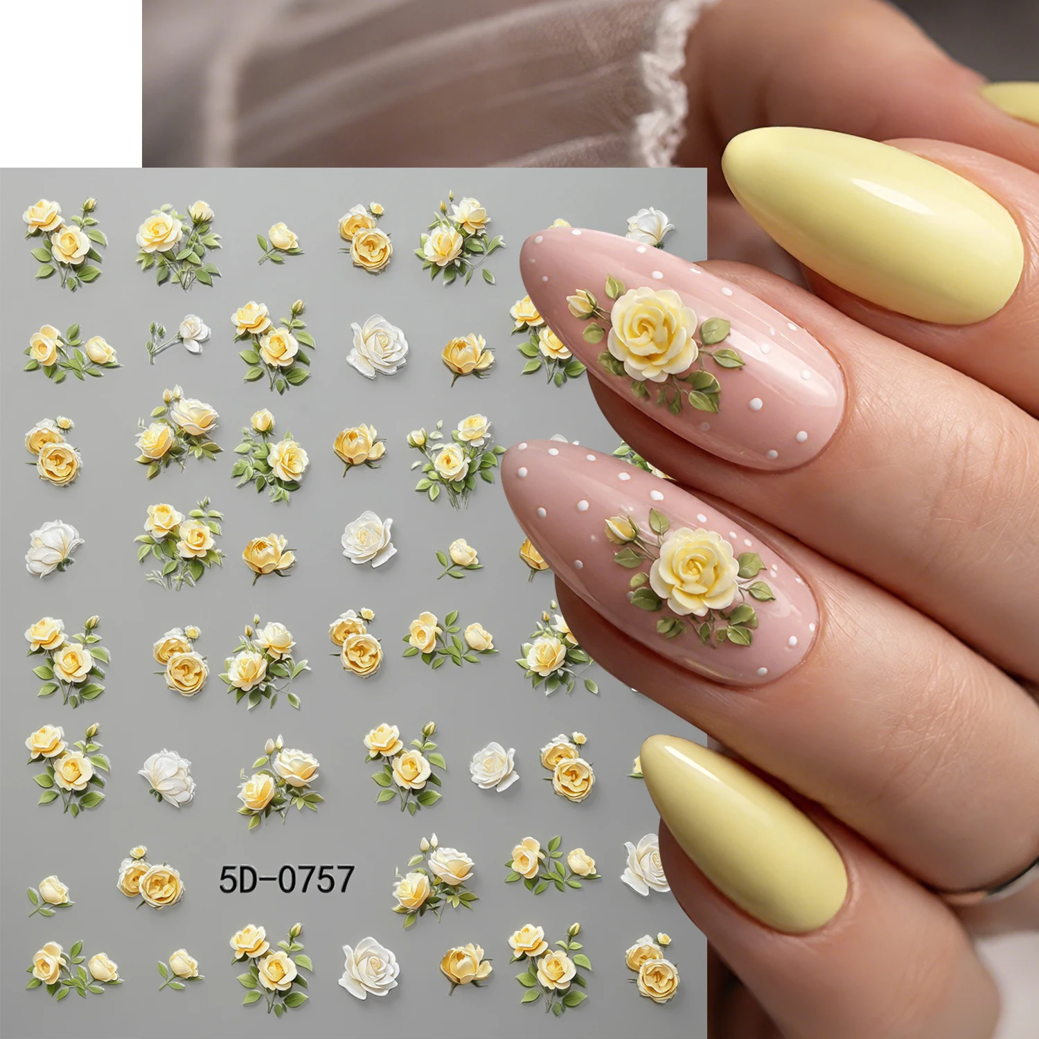Nail Art Yellow - ملصقات أظافر ثلاثية الأبعاد بتصميم وردة